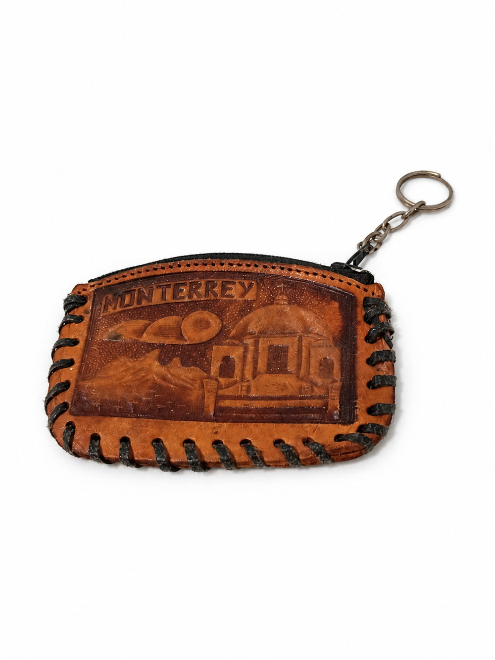 Vintage Monterrey Mexico Embossed Leather Coin Purse Keychain Souvenir